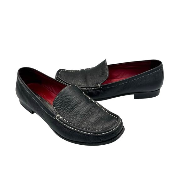 Bally Women's Black Pebbled Leather Contrast Stitching Slip On Moccasin Loafers - Picture 1 of 10